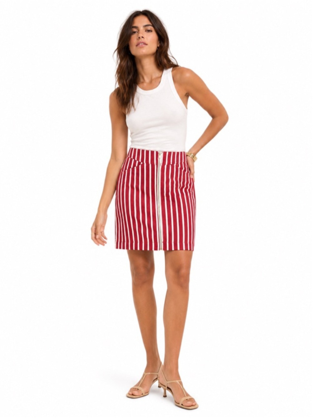 MANGO - MNG Suit Red & White Striped Mini Skirt w Zipper Cotton Linen Blend XS